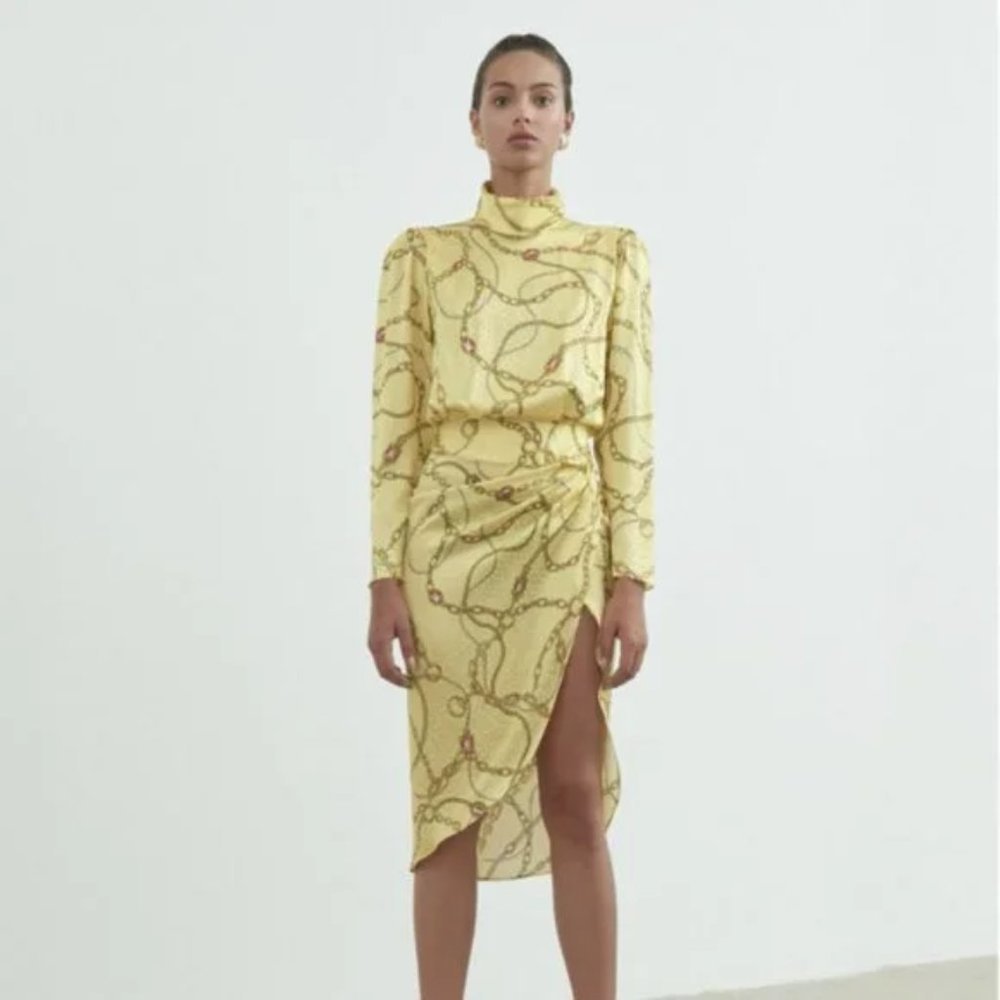 RONNY KOBO Kaira  Chain-Link Printed Satin Dress Size Medium
